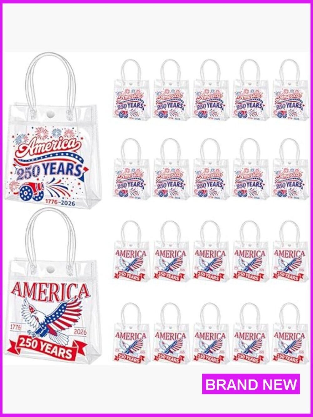 Patriotic Clear Gift Bag with Handle Reusable PVC Tote for Party Favors 20 Pack
